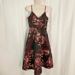 Eliza J Floral Midi Dress Wine Metallic